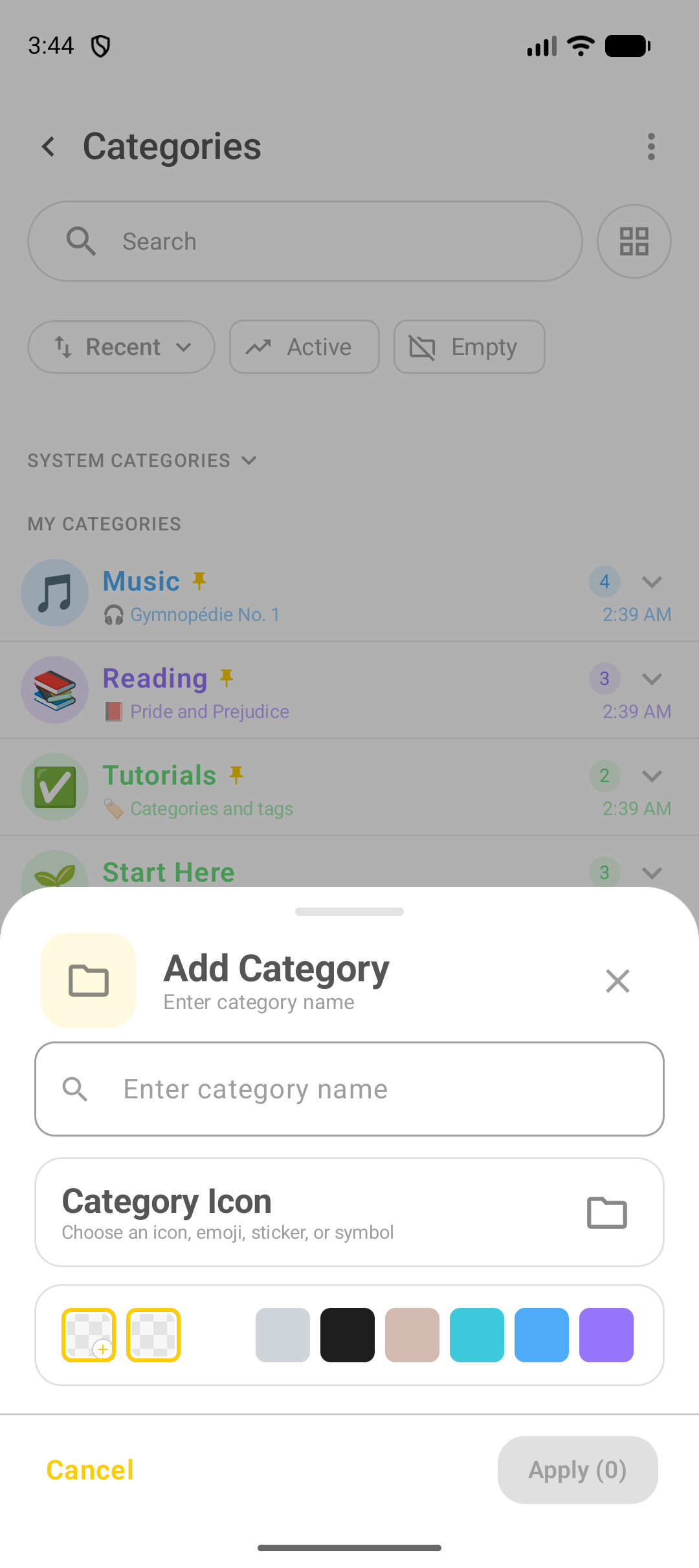 Painel Add Category do DicaNote com nome e ícone