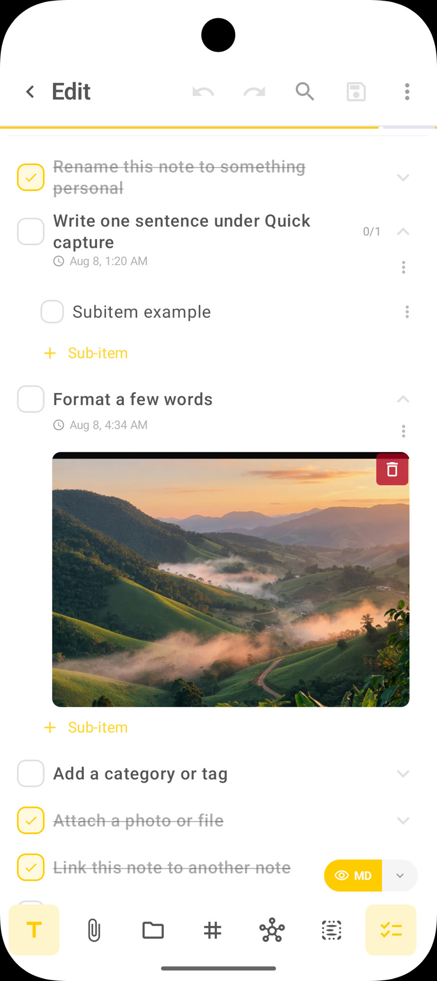 DicaNote checklist with checked items, sub-item, date and image on an item