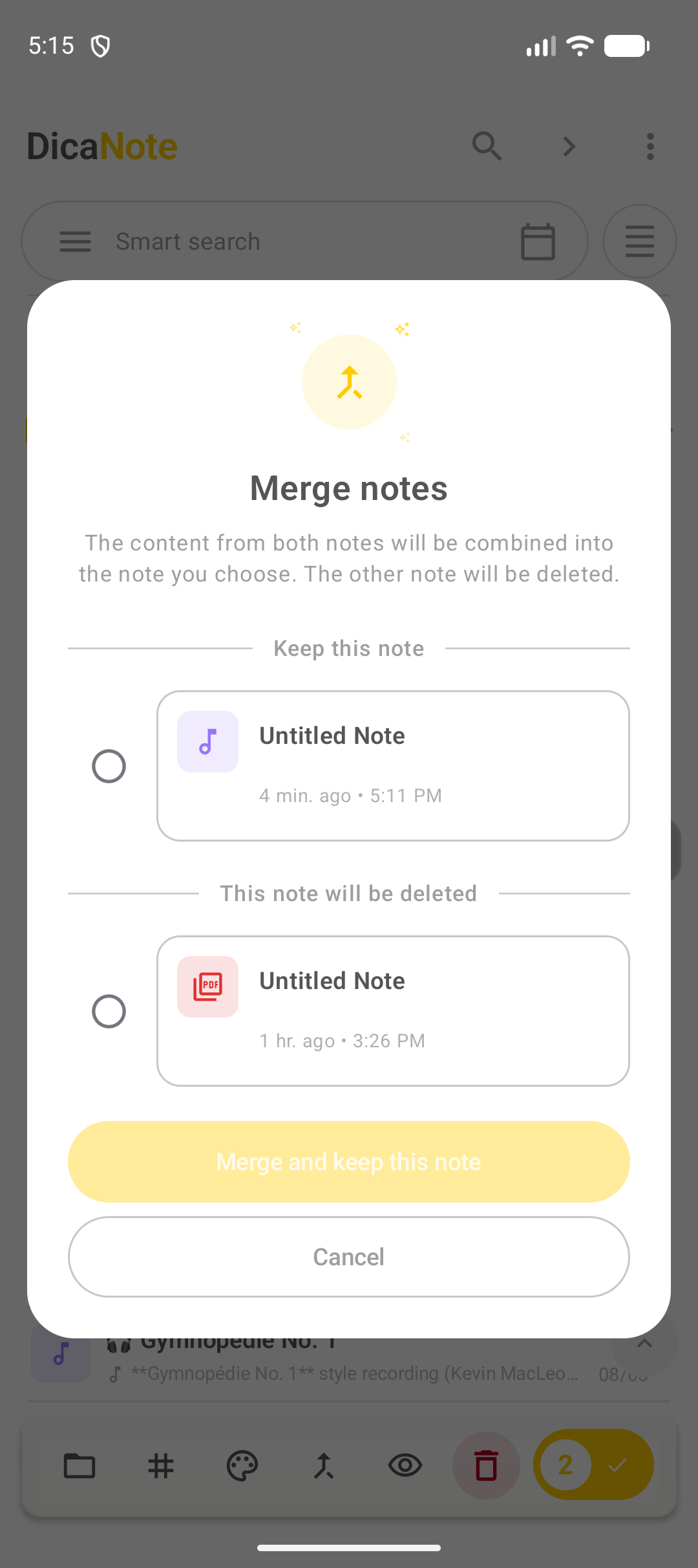 Diálogo Merge notes no DicaNote