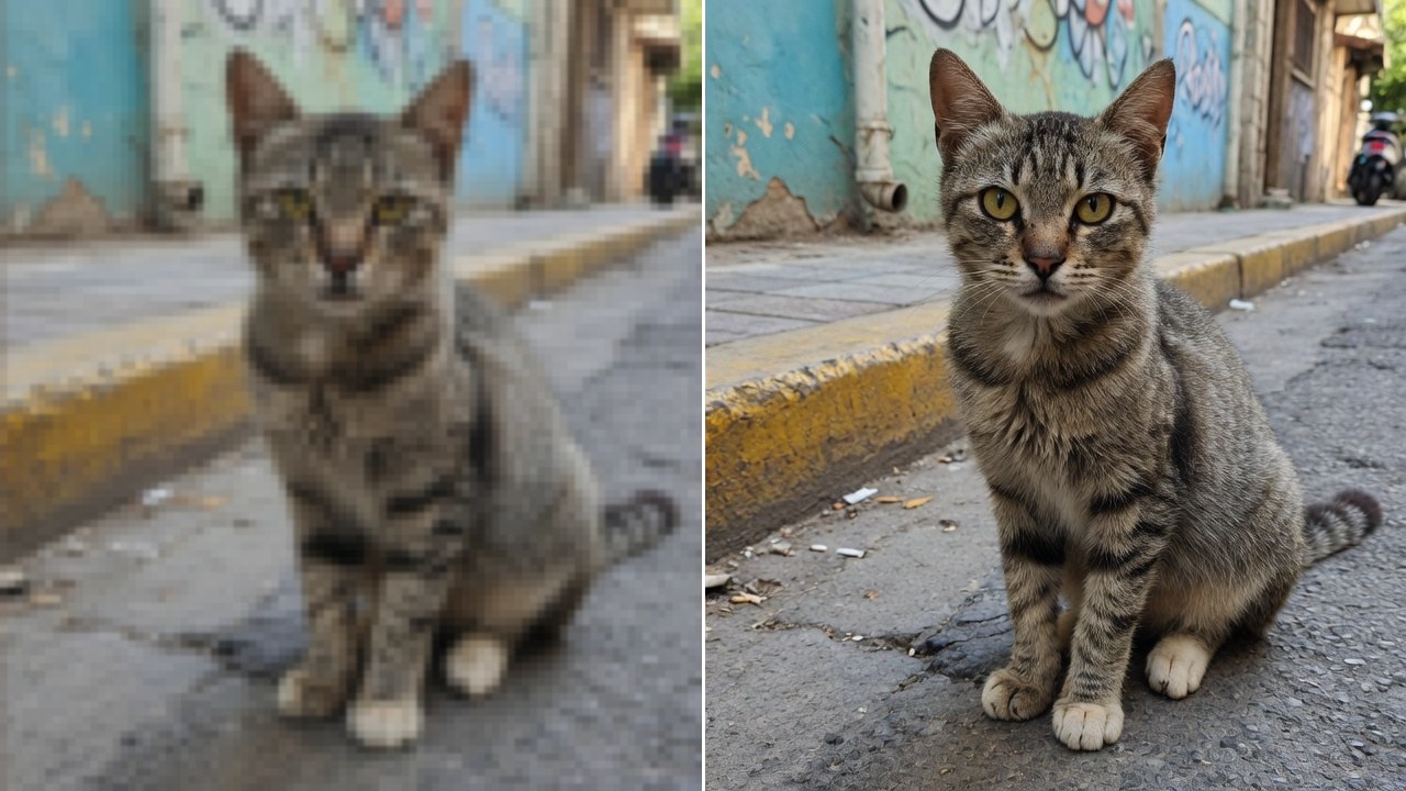 Antes e depois de upscale: foto borrada de um gato e versão com mais nitidez